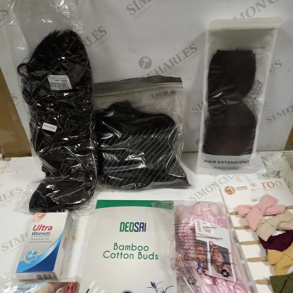BOX OF 8 ASSORTED HEALTH & BEAUTY PRODUCTS TO INCLUDE WIGS, BAMBOO COTTON BUDS, METATARSAL GEL CUSHION ETC 