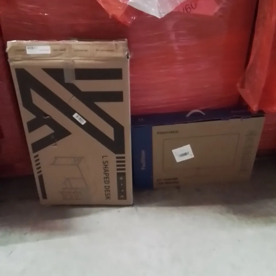 PALLET OF ASSORTED HOUSEHOLD GOODS AND PRODUCTS TO INCLUDE;L-SHAPED DESK,LED MONITOR 