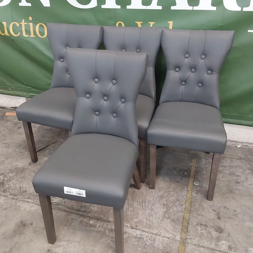 SET OF FOUR UPHOLSTERED DINING CHAIRS BUTTONED BACK GREY PU ON SILVER WOOD LEGS