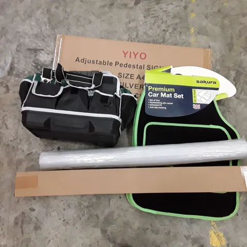 PALLET OF ASSORTED HOUSEHOLD ITEMS TO INCLUDE WORK MAN'S BAGS, PREMIUM CAR MATS AND ADJUSTABLE PEDESTAL SIGN STAND ECT