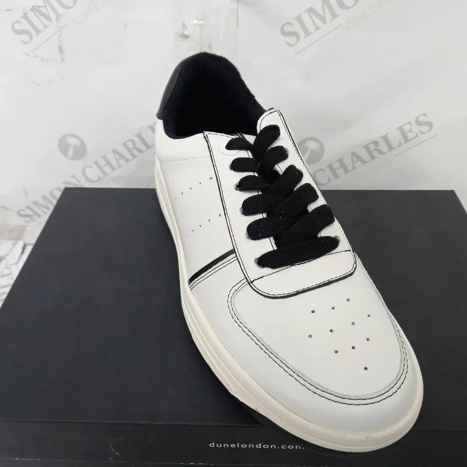 BOXED PAIR OF DUNE TRAINERS IN WHITE/BLACK UK SIZE 6