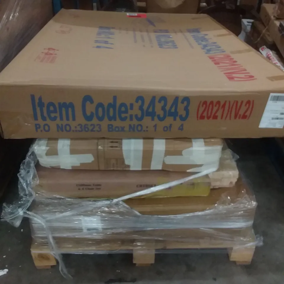 PALLET OF ASSORTED FLATPACK INCLUDING DOUBLE SIZE CHENILLE FABRIC BED, TABLE & 4 CHAIR SET, DINING TABLE