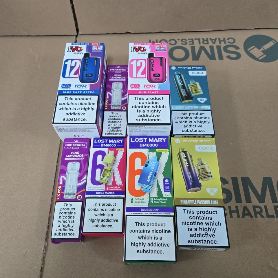 APPROXIMATELY 20 ASSORTED E-CIGARETTE & VAPING ITEMS IN VARIOUS BRANDS TO INCLUDE IVG, LOST MARY, PYNE POD ETC 