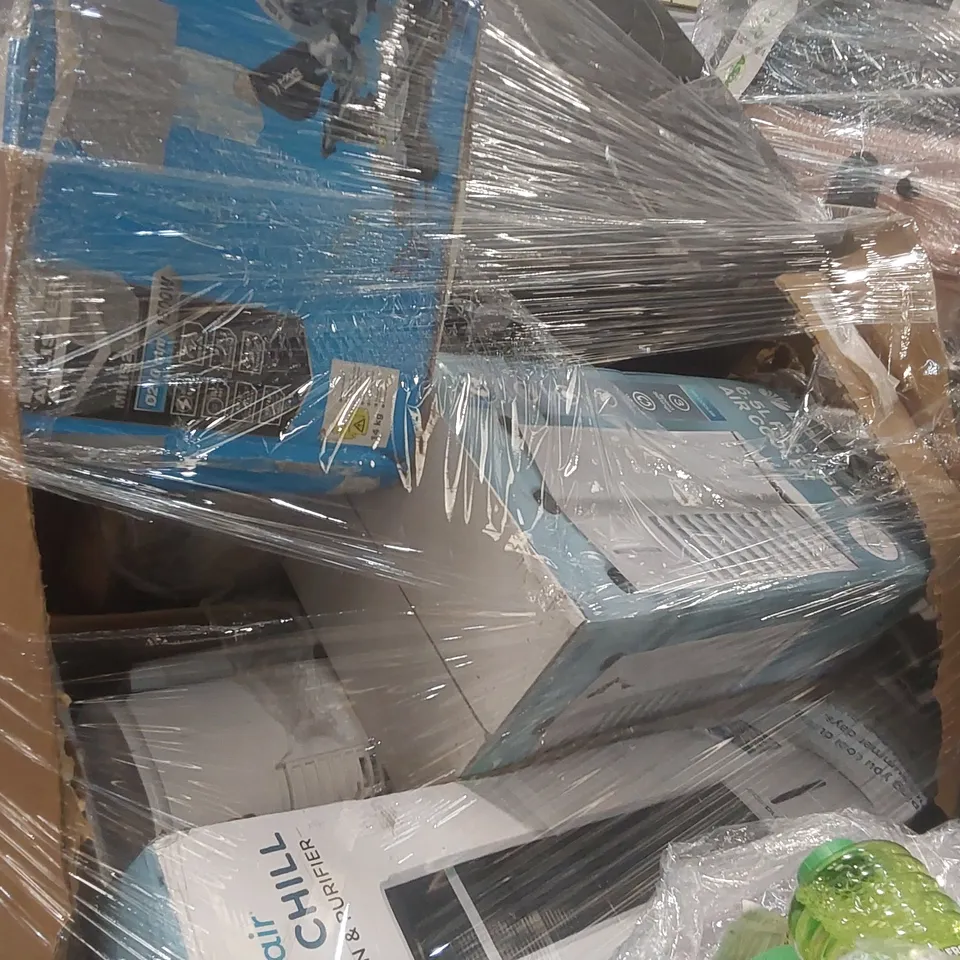 PALLET CONTAINING A VERY LARGE QUANTITY OF ASSORTED ITEMS INCLUDING: MAC ALLISTER SLIDING METRE SAW, AIR COOLERS, TOWER FANS ECT