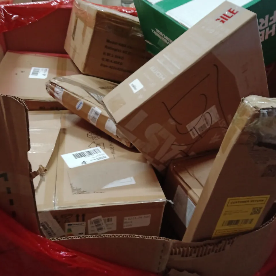 PALLET OF ASSORTED HOUSEHOLD GOODS AND PRODUCTS TO INCLUDE; MONITOR, CEILING FAN,HANDLE FOR PORCH