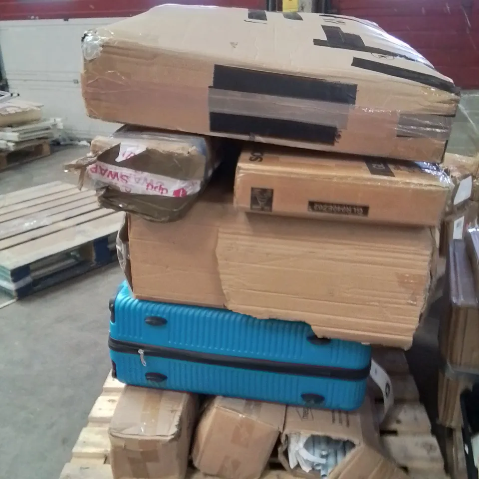 PALLET OF ASSORTED HOUSEHOLD GOODS AND PRODUCTS TO INCLUDE;SUITCASE,TUBE TENTS,SHELVING UNIT