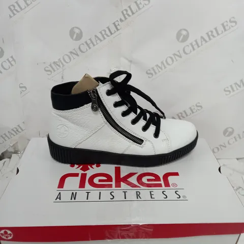 BOXED PAIR OF RIEKER HIGH TOP TRAINERS W. SIDE ZIP IN WHITE EU SIZE 40