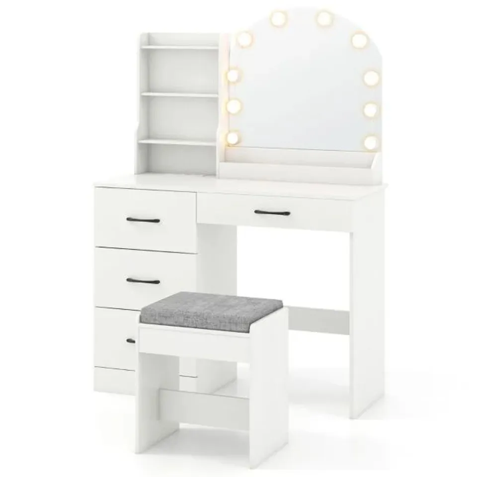 BOXED COSTWAY MAKEUP DRESSING TABLE & STOOL WITH MIRROR & LIGHTS MODERN VANITY SET-BLACK (1 BOX)