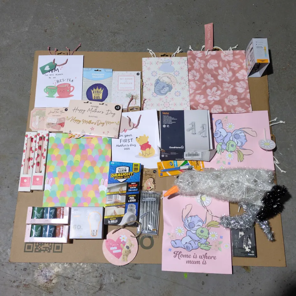 PALLET CONTAINING LARGE QUANTITY HOUSEHOLD ITEMS TOO INCLUDE LIGHT BULBS , GIFT BAGS , STICK CANDLES , DECORATIONS , ETC 