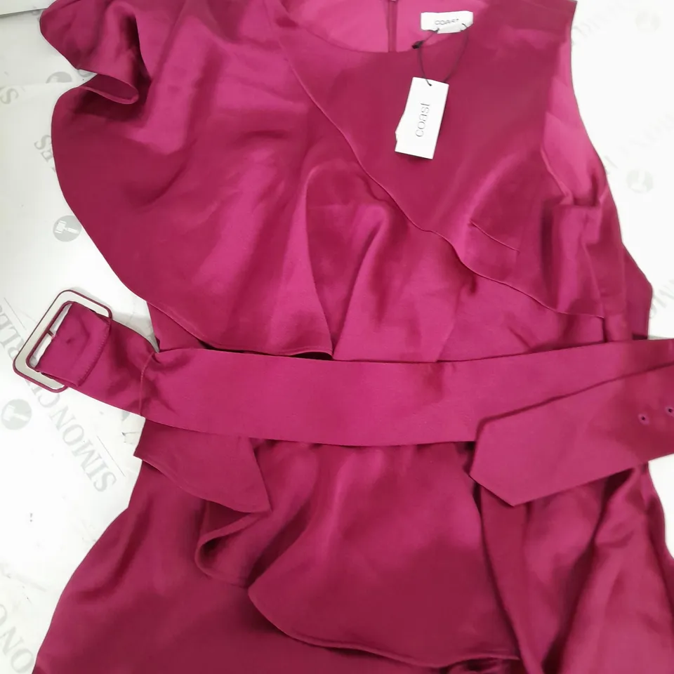 COAST FRILL DETAIL BELTED SATIN JUMPSUIT IN BERRY - UK 10
