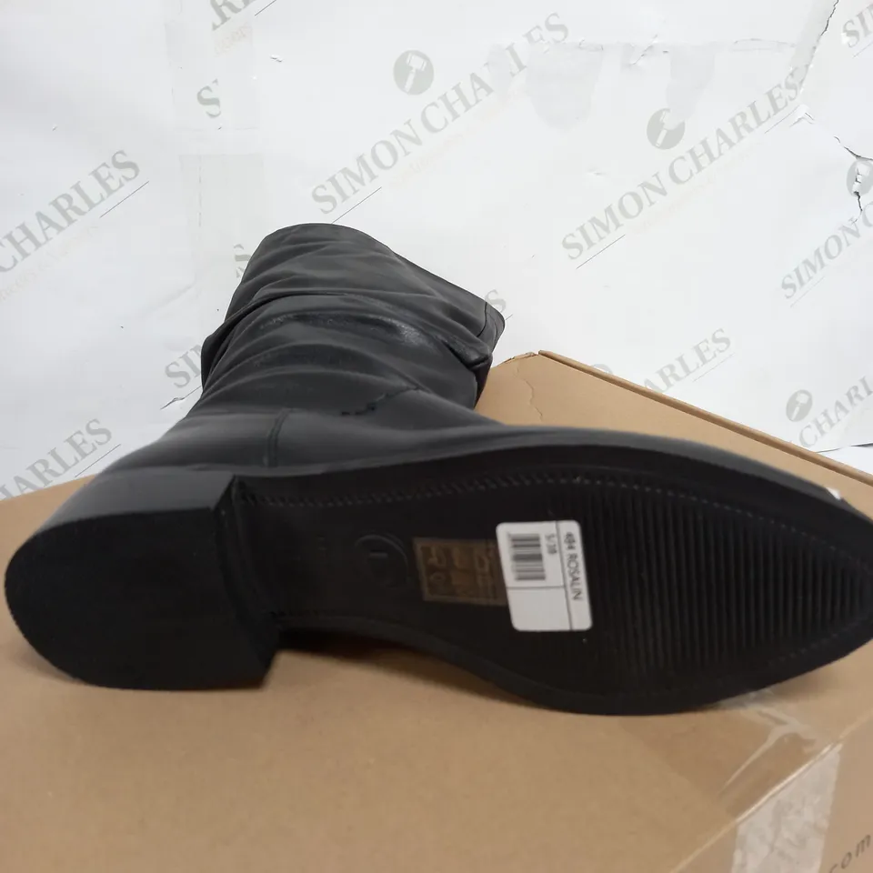 BOXED DUNE LEATHER RUCHED CALF BOOTS, BLACK - SIZE 5 