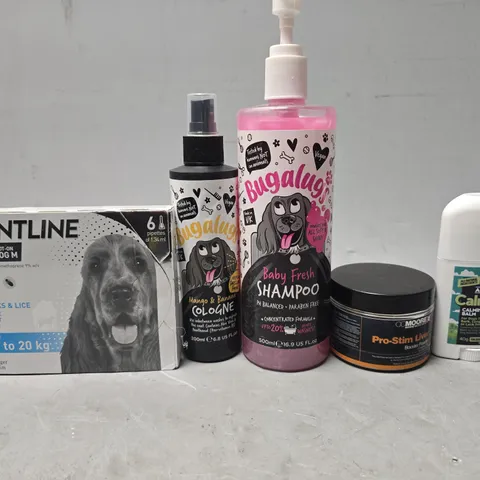 TOTE OF APPROXIMATELY 14 ASSORTED PET ITEMS TO INCLUDE - BUGALUGS SHAMPOO , FRONTLINE PLUS , CALM  K9 CALMING BALM ETC