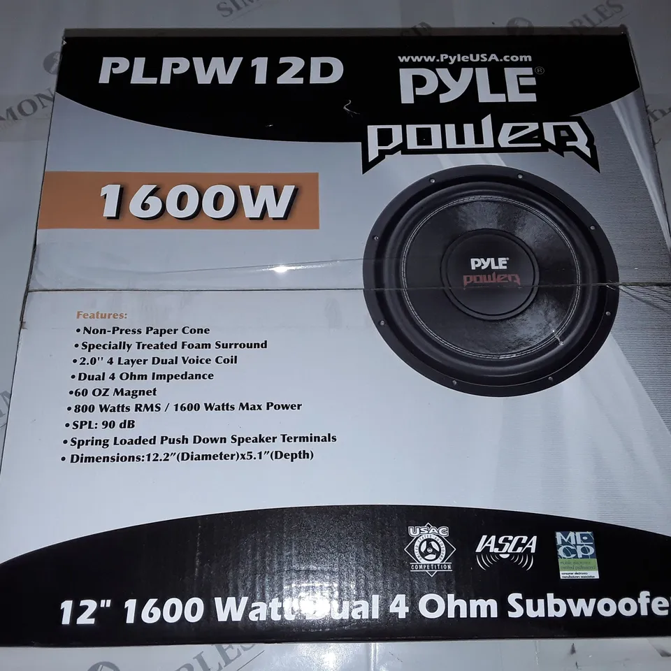 BOXED PYLE POWER 1600W 12" DUAL 4 OHM SUBWOOFER