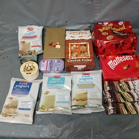 APPROXIMATELY 8 ASSORTED FOOD & DRINK ITEMS TO INCLUDE - FRESH YOGURT, MALTESERS, AND CARROT CAKE POPCORN ETC.