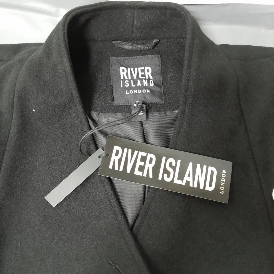 RIVER ISLAND LADIES LONG BLACK COAT POPPER FASTENING AND BELT SIZE 12