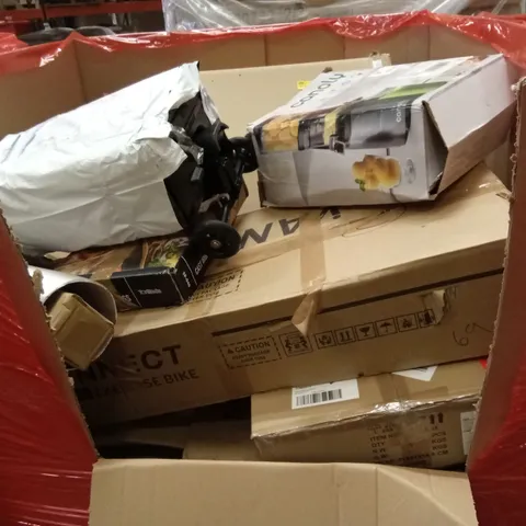 PALLET OF ASSORTED HOUSEHOLD GOODS AND PRODUCTS TO INCLUDE; EXERCISE BIKE, JUICER, CAST IRON TORTILLA PRESS ETC