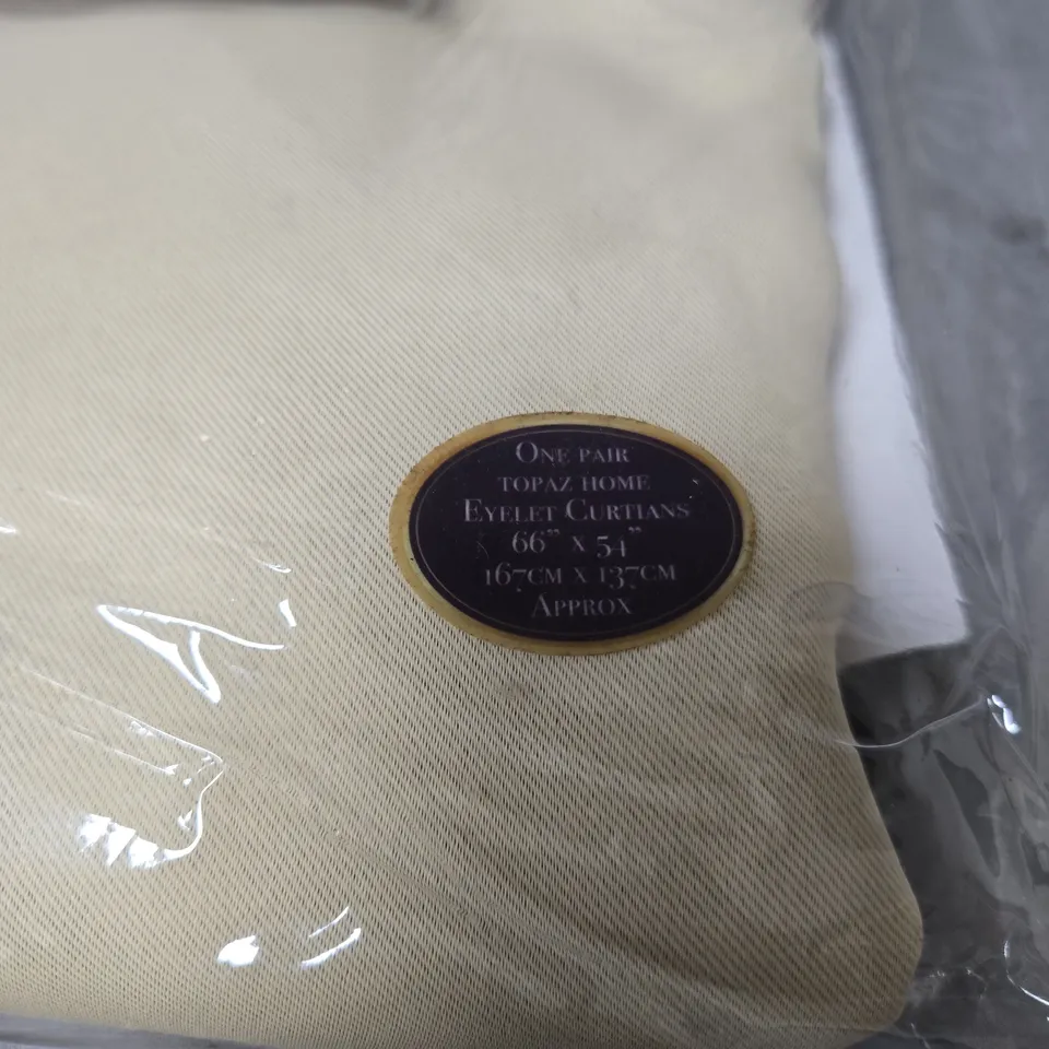 TOPAZ HOME EYELET CURTAINS IN BEIGE – SILKY FEEL BLACKOUT, 66" X 54" (APPROX 167 CM X 137 CM) – ONE PAIR