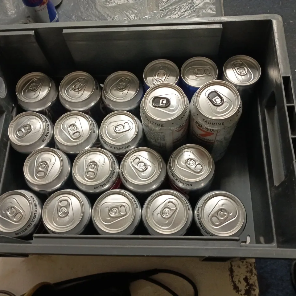 LOT OF 24 ASSORTED CANS OF DRINK TO INCLUDE MONSTER, PEPSI AND RED BULL