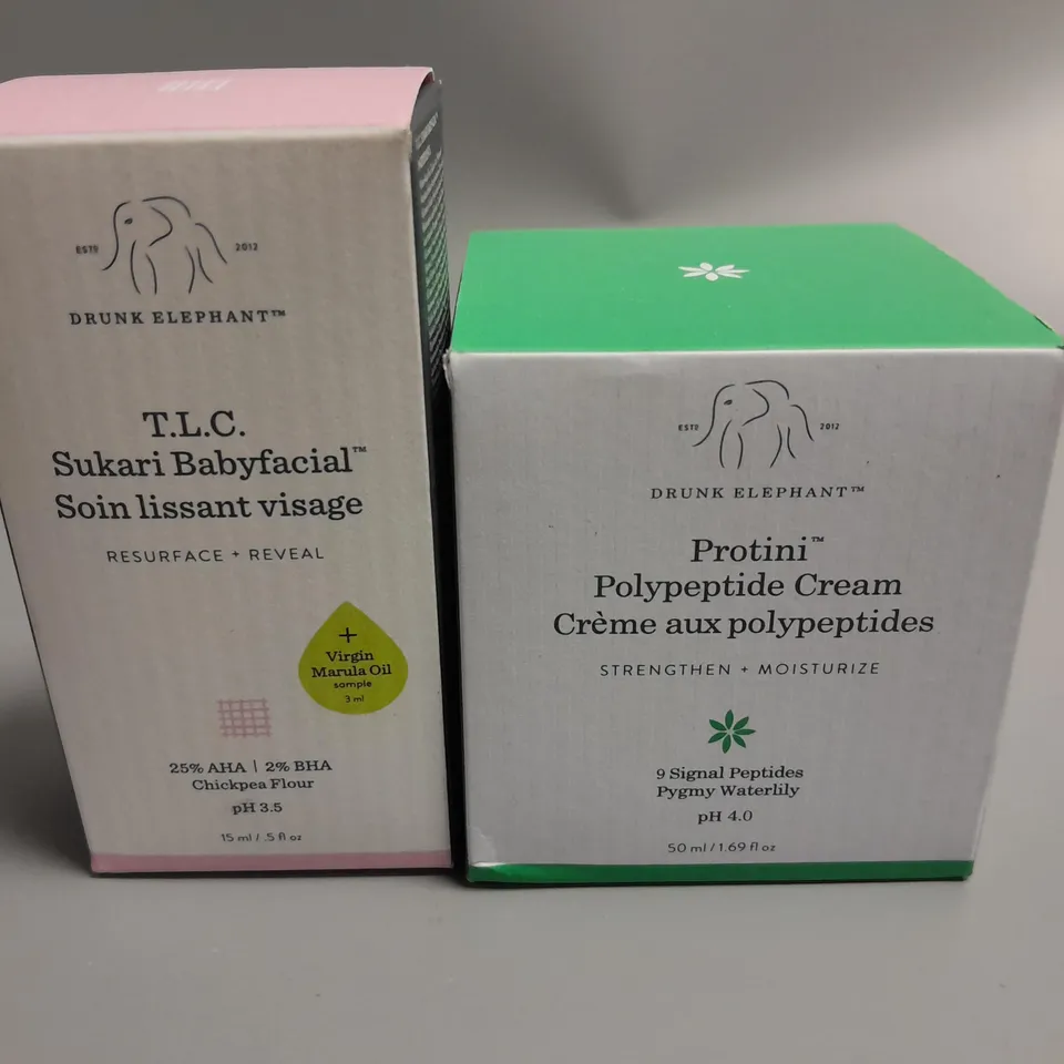 LOT OF 2 DRUNK ELEPHANT BEAUTY ITEMS INCLUDES PROTINI POLYPEPTIDE CREAM AND T.L.C BABY FACIAL