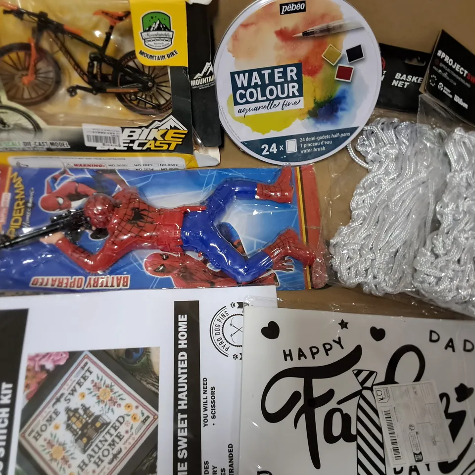 LOT OF APPROXIMATELY 13 ASSORTED TOYS AND GAMES TO INCLUDE WATER COLOUR SET, DIE-CAST BIKE AND BASKETBALL NETS