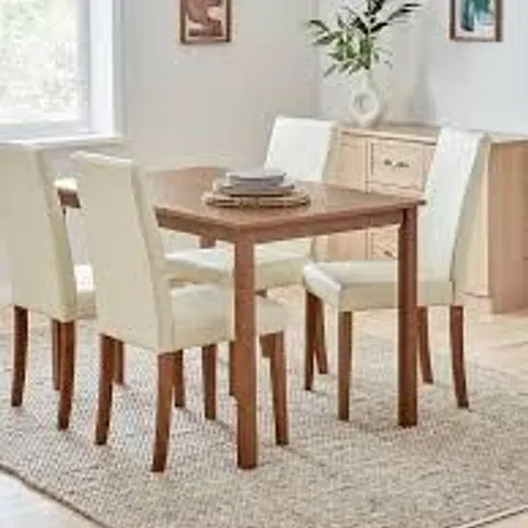 BOXED PRIMO 120cm DINING TABLE + 4 FAUX LEATHER CHAIRS - DARK WOOD/CREAM (2 BOXES)
