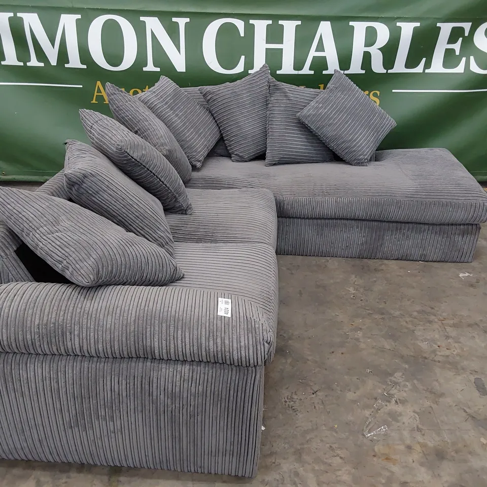 DESIGNER CHAISE SOFA GREY JUMBO CHORD WITH SCATTER CUSHIONS 