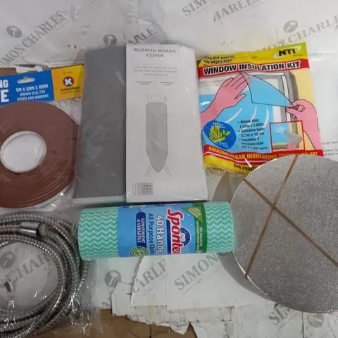 LARGE QUANTITY OF ASSORTD HOUSEHOLD ITEMS TO INCLUDE SEALING TAPE, IRONING BOARD COVER AND WINDOW INSULATION KIT