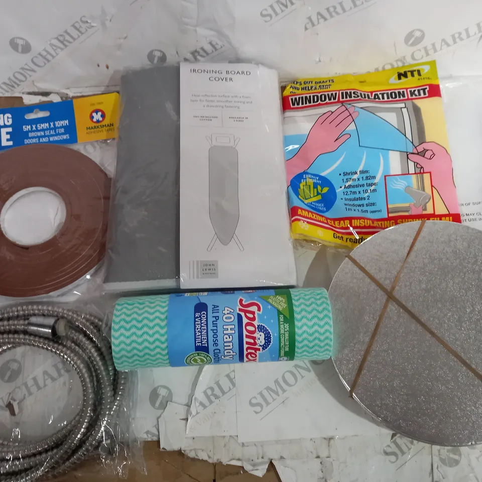 LARGE QUANTITY OF ASSORTD HOUSEHOLD ITEMS TO INCLUDE SEALING TAPE, IRONING BOARD COVER AND WINDOW INSULATION KIT