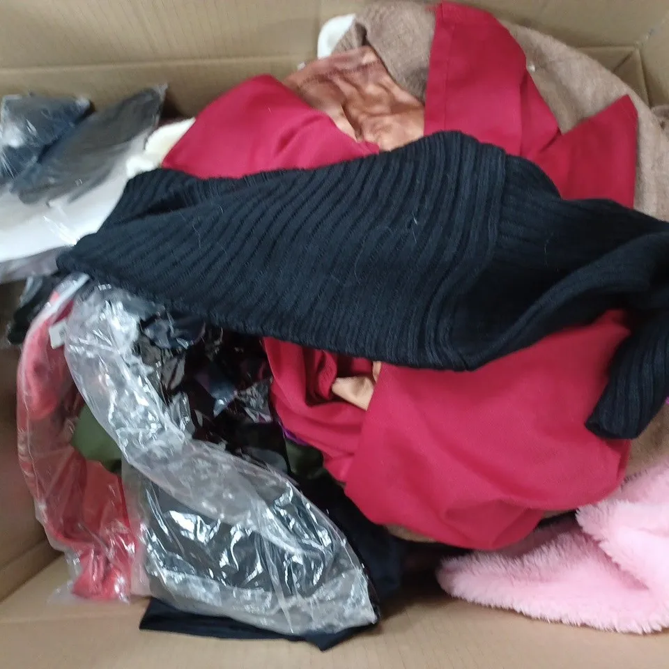 BOX TO INCLUDE 50 ASSORTED CLOTHING ITEMS TOO INCLUDE TOPS , TROUSERS AND DRESSES , ETC 