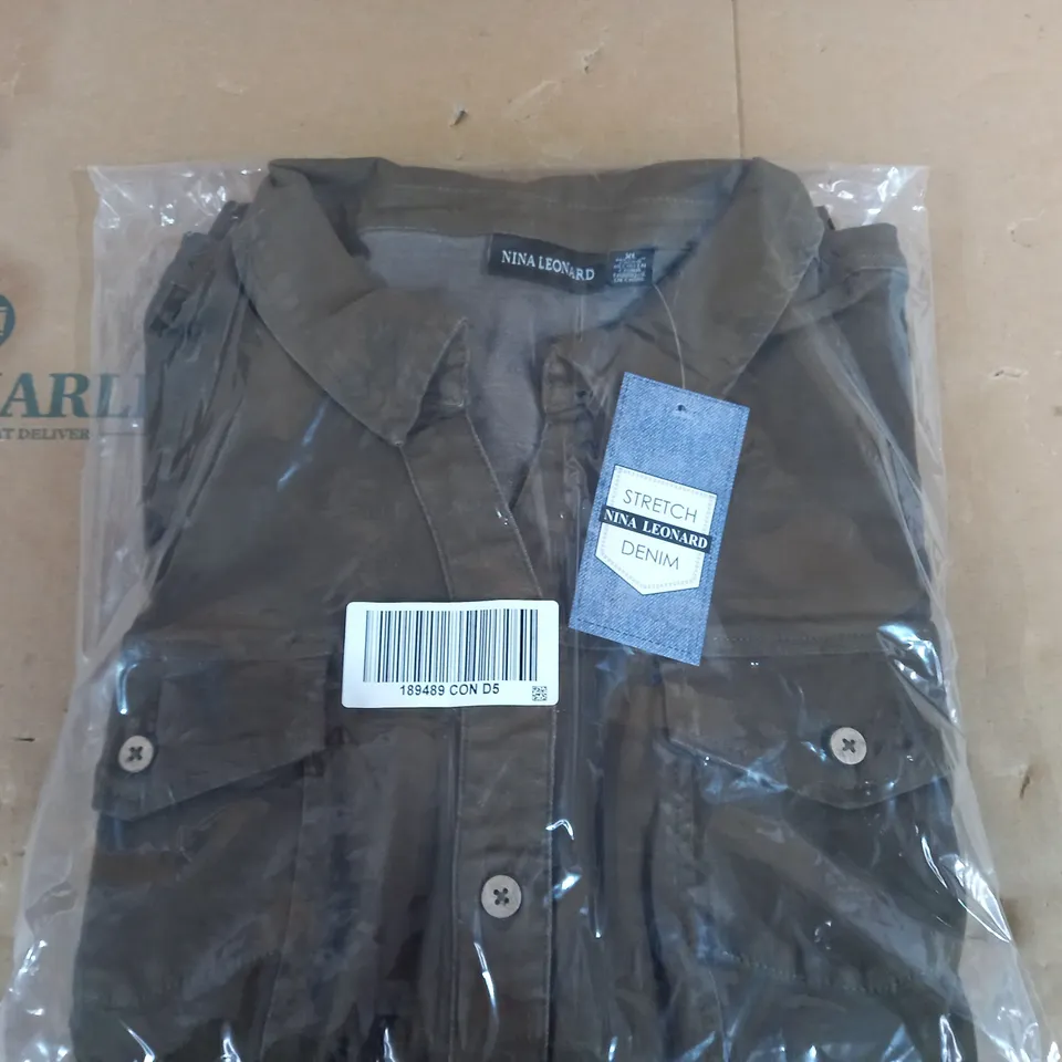 BRAND NEW ELBOW SLEEVE BUTTON UP STRETCH DENIM DRESS BY NINA LEONARD IN OLIVE - SIZE XL