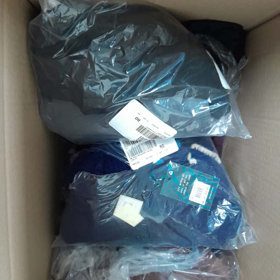 A BOX OF 10 VARIOUS CLOTHING ITEMS TO INCLUDE A GREEN APRICOT DRESS A PAIR OF BLACK TROUSERS AND A FLOWER DESIGN THIN TOP 