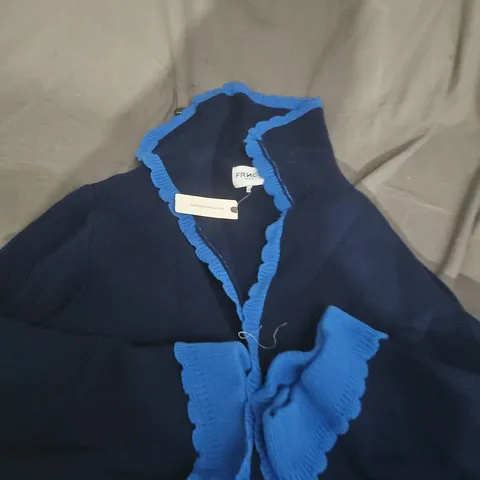 ANTHROPOLOGIE NAVY CARDIGAN WITH ELECTRIC BLUE FRILL TRIM – ONE SIZE (OS)