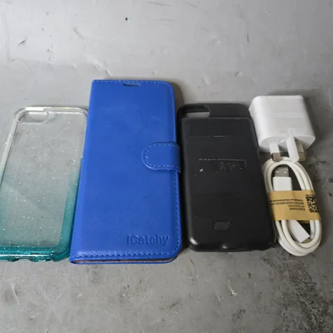 APPROXIMATELY 20 ASSORTED ITEMS TO INCLUDE -USB TO USB-C, PHONE CASES , BATTERY PACK PHONE CASE ETC