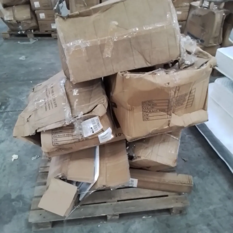 A PALLET OF VARIOUS FURNITURE PARTS AND CUSHIONS (MOSTLY CHAIRS)