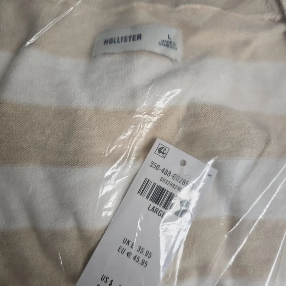 HOLLISTER STRIPED KNIT CARDIGAN – SIZE L (BEIGE & WHITE)
