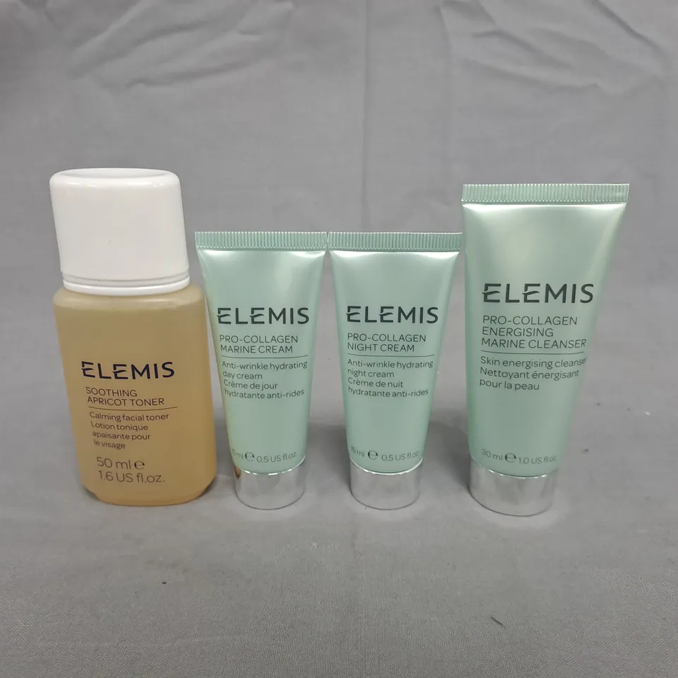 ELEMIS SKINCARE SET (TRAVEL SIZE): SOOTHING APRICOT TONER + PRO-COLLAGEN MARINE CREAM, NIGHT CREAM & ENERGISING CLEANSER
