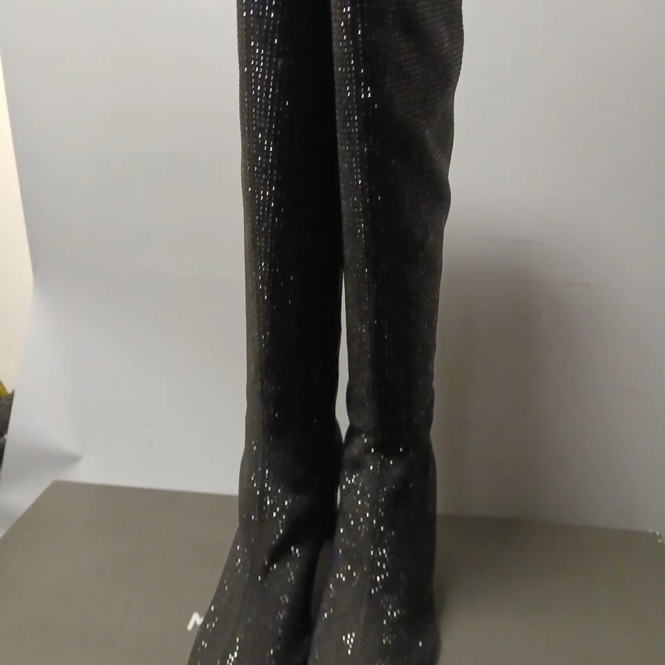 BOXED PAIR OF MINT VELVET LONG SPARKLE BOOTS, BLACK - UK SIZE 7