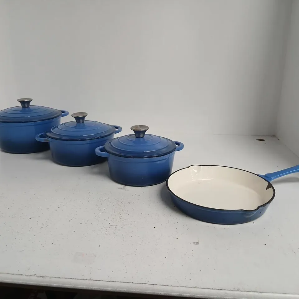 BLUE ENAMELLED CAST IRON COOKWARE SET – THREE POTS WITH LIDS AND A FRYING PAN
