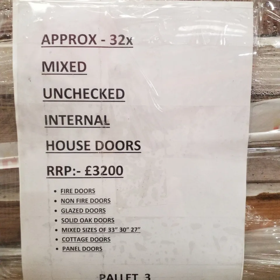 PALLET CONTAINING APPROXIMATELY 32 MIXED UNCHECKED INTERNAL HOUSE DOORS 
