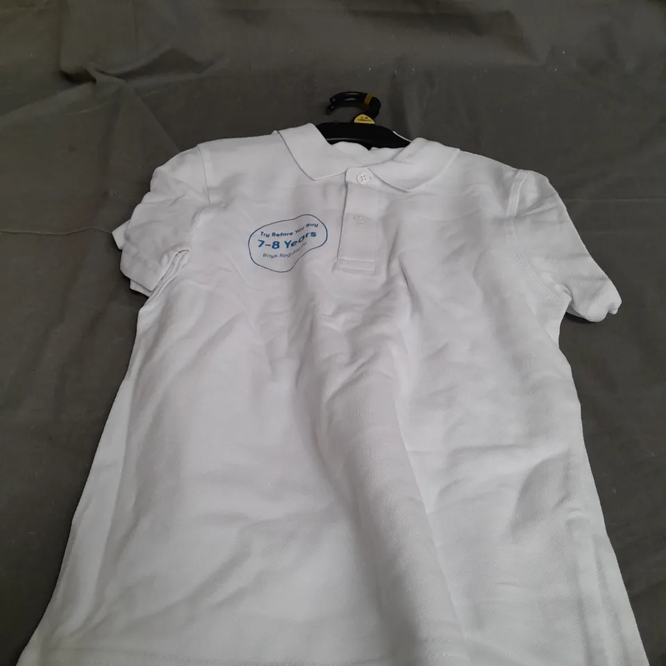 BOX OF ASSORTED WHITE SCHOOL POLO SHIRTS ALL IN VARIOUS SIZES
