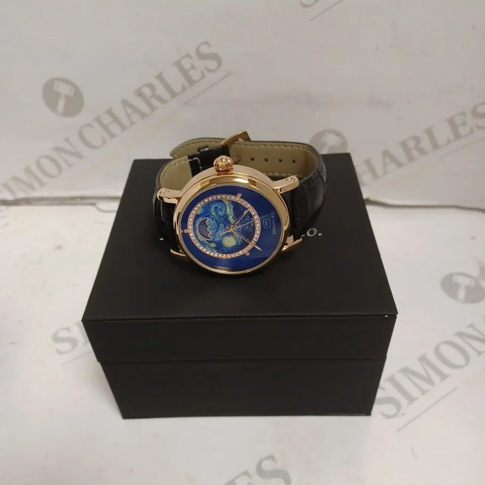 MENS ZIHLMANN & CO AUTOMATIC WATCH – Z150 – MOONPHASE DIAL – GLASS EXHIBITION BACKCASE - SILVER COLOUR CASE – BLACK LEATHER STRAP