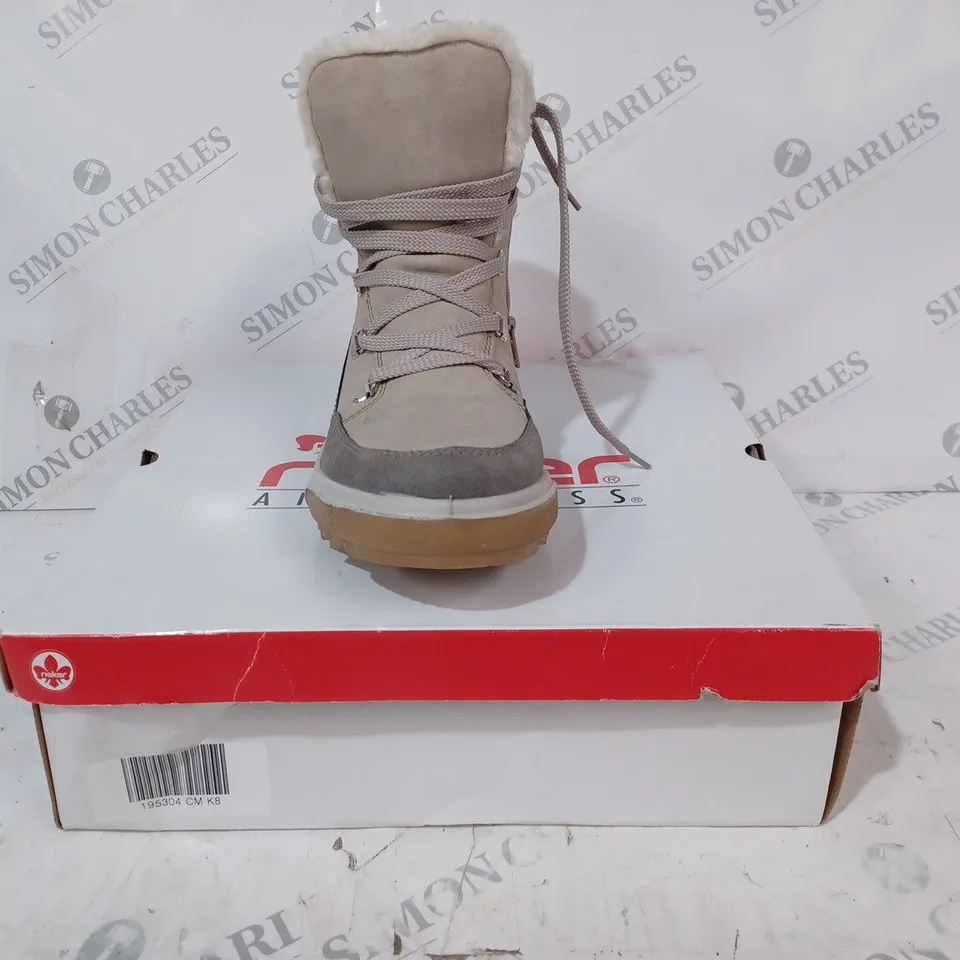 BOXED PAIR OF RIEKER WATER RESISTANT HIKING BOOTS, CREAM - SIZE 8