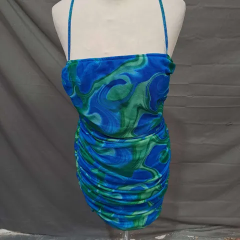 NAANAA RUCHED DRESS IN BLUE/GREEN MARBLE SIZE 12