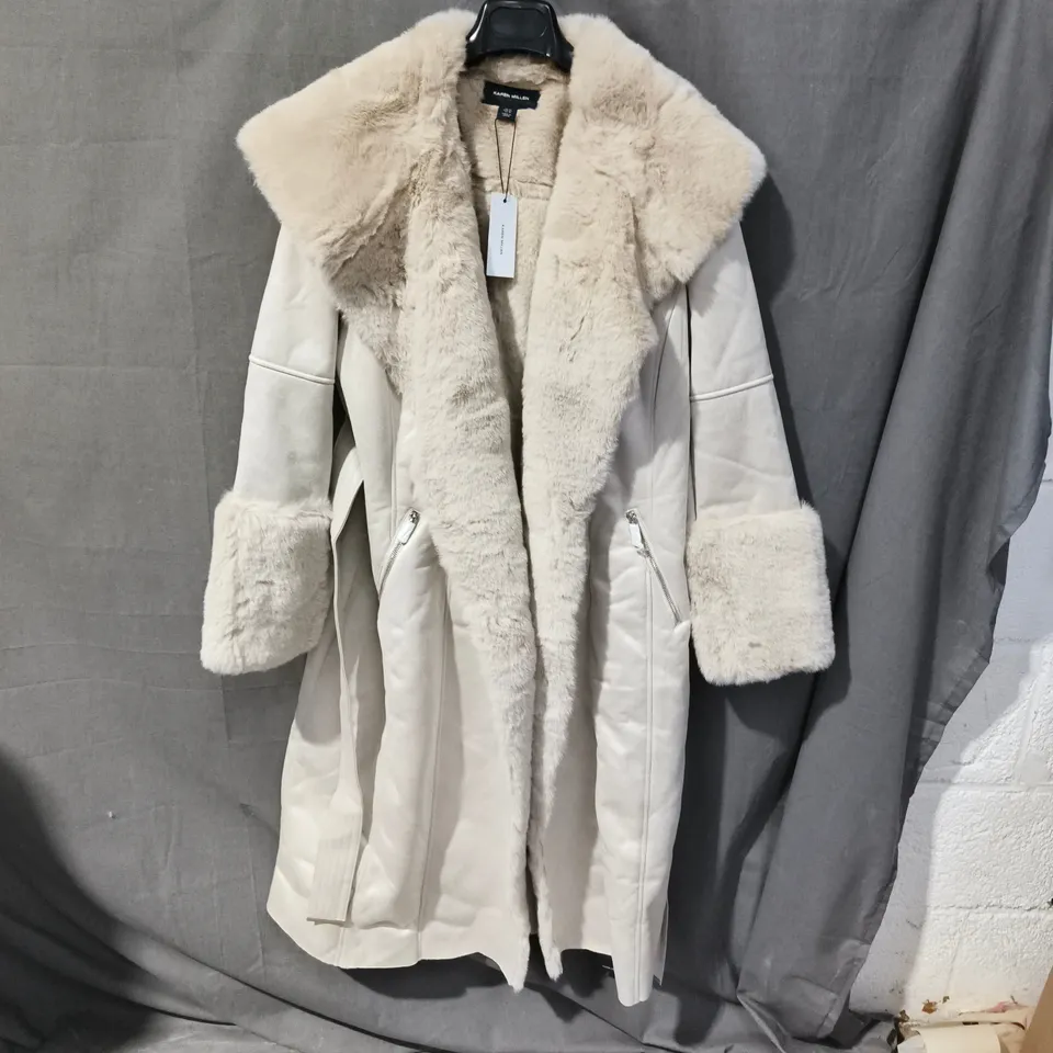 KAREN MILLEN IVORY FAUX FUR COAT – UK 14 (EU 42), BELTED MIDI COAT