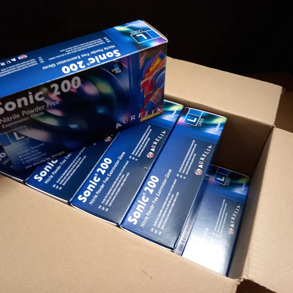 LOT OF 10 BOXES OF SONIC DISPOSABLE EXAMINATION GLOVES - 200 GLOVES BY WEIGHT PER BOX