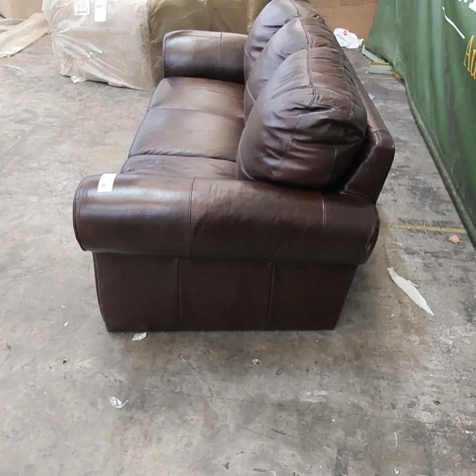 DESIGNER SCROLL ARM 3 SEATER LEATHER SOFA IN CHESTNUT LEATHER