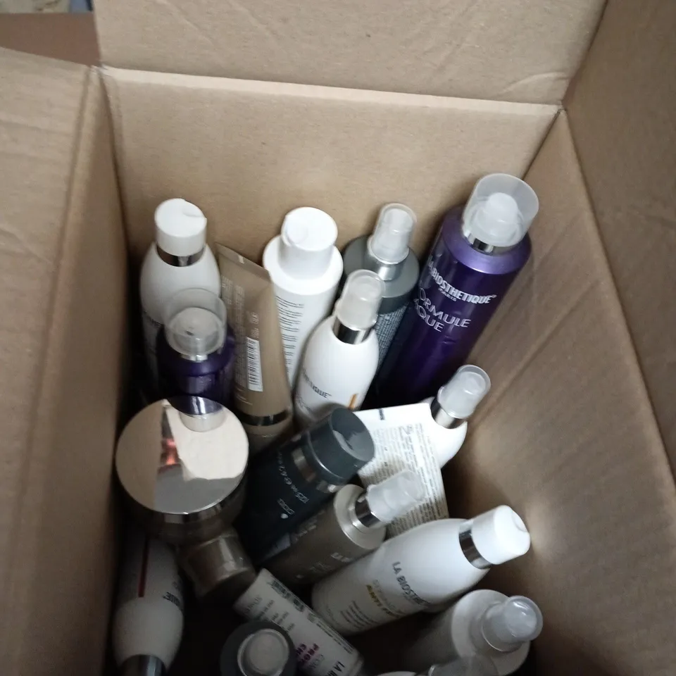 BOX OF APPROXIMATELY 15 ASSORTED COSMETIC ITEMS INCLUDING LA BIOSTHETIQUE MATT CLAY , LIGHT DEFINING CREAM AND HAIR PROTECTION SPRAY 