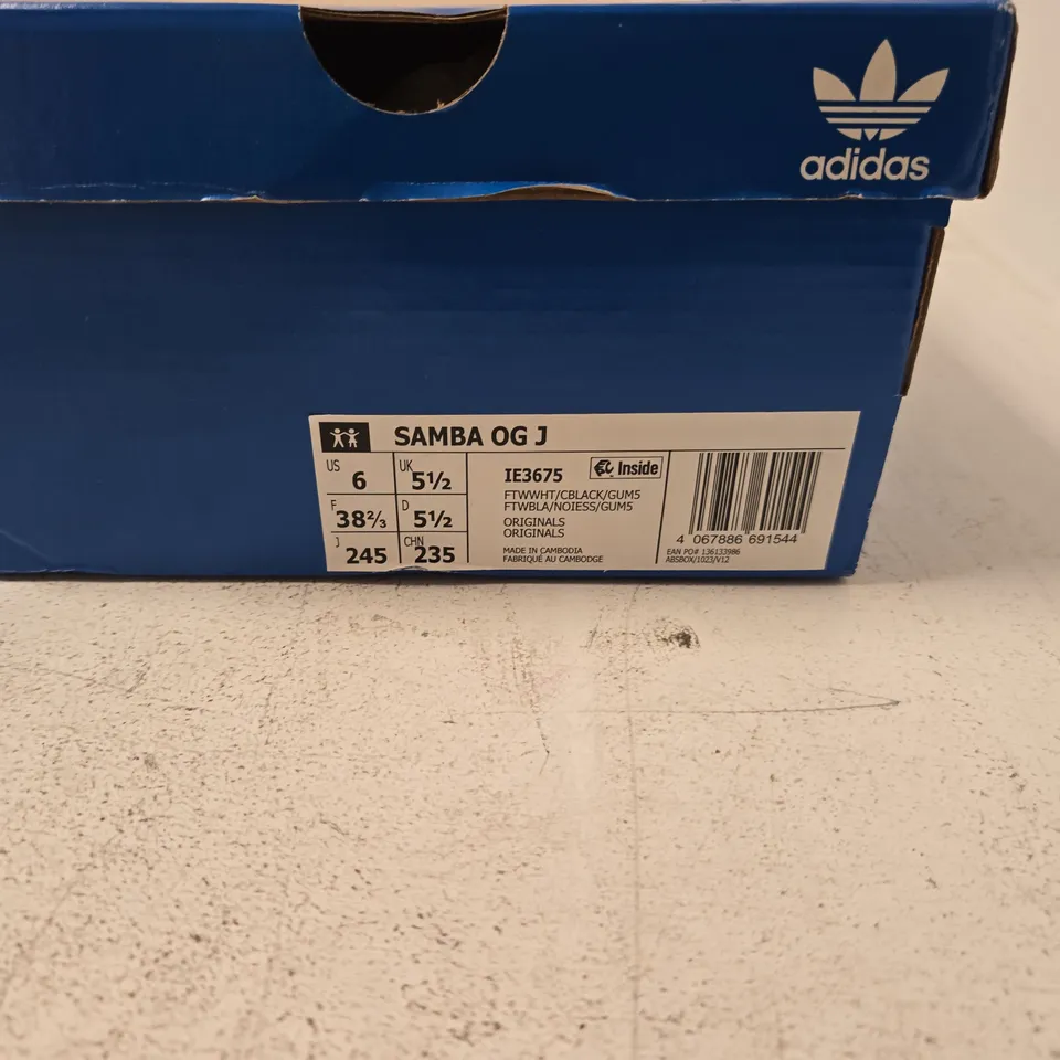 ADIDAS SAMBA OG J KIDS' SNEAKERS – UK 5.5 (US 6), WHITE/BLACK/GUM