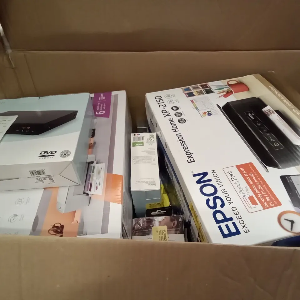 PALLET OF ASSORTED ELECTRONICS INCLUDING SHARP PARTY SPEAKER SYSTEM, ONN PORTABLE AM/FM RADIO, POLAROID BLUETOOTH DAB+ / FM RADIO, CD BOOMBOX, EPSON XP-2150 PRINTER, HP DESKJET