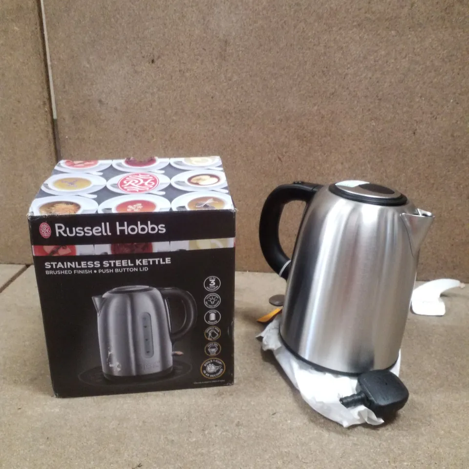 BOXED RUSSELL HOBBS STAINLESS STEEL KETTLE BRUSHED PUSH BUTTON LID